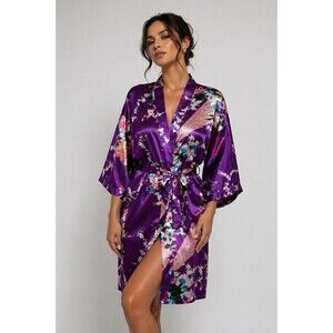 Oriental Village Silk Collection Purple Peacock Floral Kimono Robe